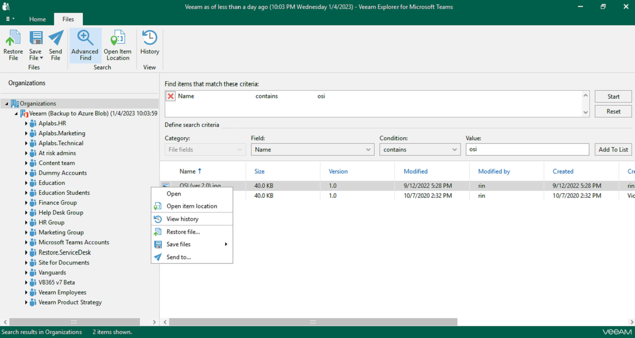 Veeam Backup for Microsoft 365 支持通过 50 种不同的恢复选项按照业务需求还原 Office 365 数据。