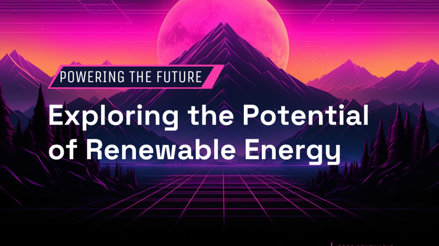 The image is a vibrant digital graphic with the title 'POWERING THE FUTURE: Exploring the Potential of Renewable Energy'. It features a stylized landscape with mountains under a night sky, a large moon, and a grid that suggests solar panel arrays in the foreground, all rendered in shades of purple and pink.