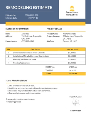 business  Template: Estimation de rénovation minimaliste bleue et jaune