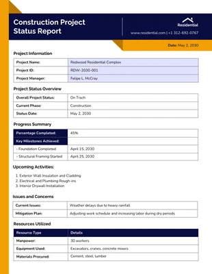 business  Template: نموذج تقرير حالة مشروع البناء