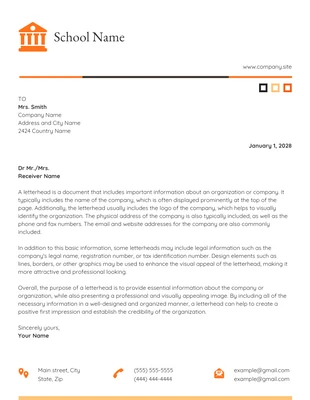 Free  Template: White And Orange Minimalist School Letterhead  Template