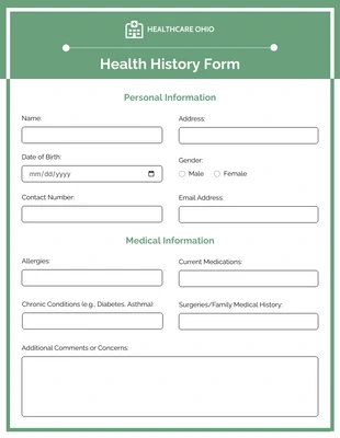 Free  Template: Formulaires simples d’antécédents de santé verts et blancs