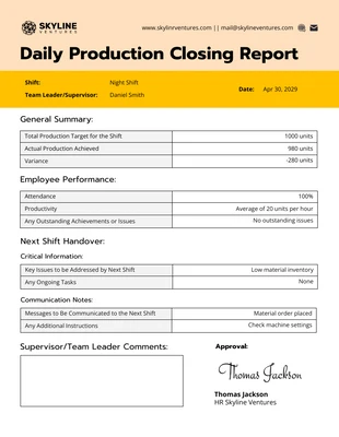 business  Template: قالب التقرير الختامي للإنتاج اليومي