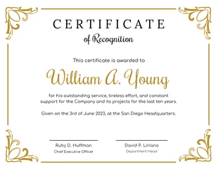 Free  Template: Golden Certificate of Recognition Template