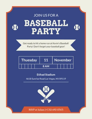 Free  Template: Invitation amusante à la fête de baseball bleue et orange