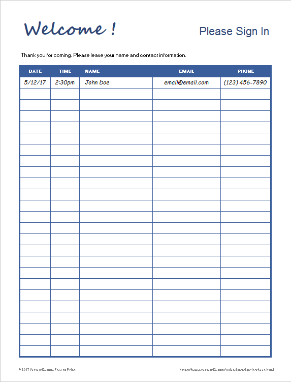 Attendance Sign In Sheet Sample