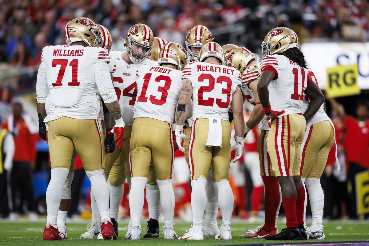 The San Francisco 49ers huddle on offense during Super Bowl LVIII against the Kansas City Chiefs at Allegiant Stadium on February 11, 2024 in Las Vegas, Nevada.