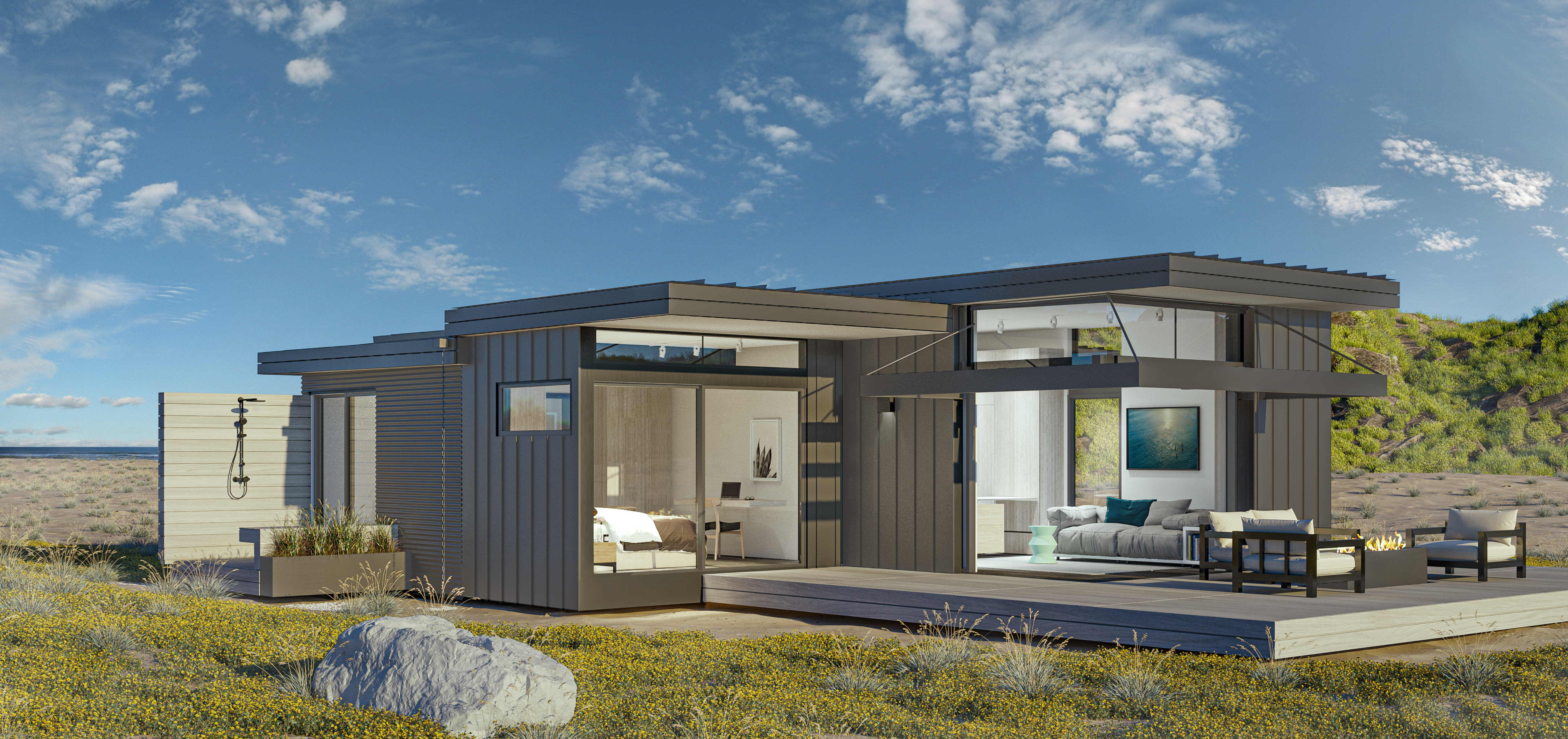 Rendering of low-slung prefab home on sandy beach.