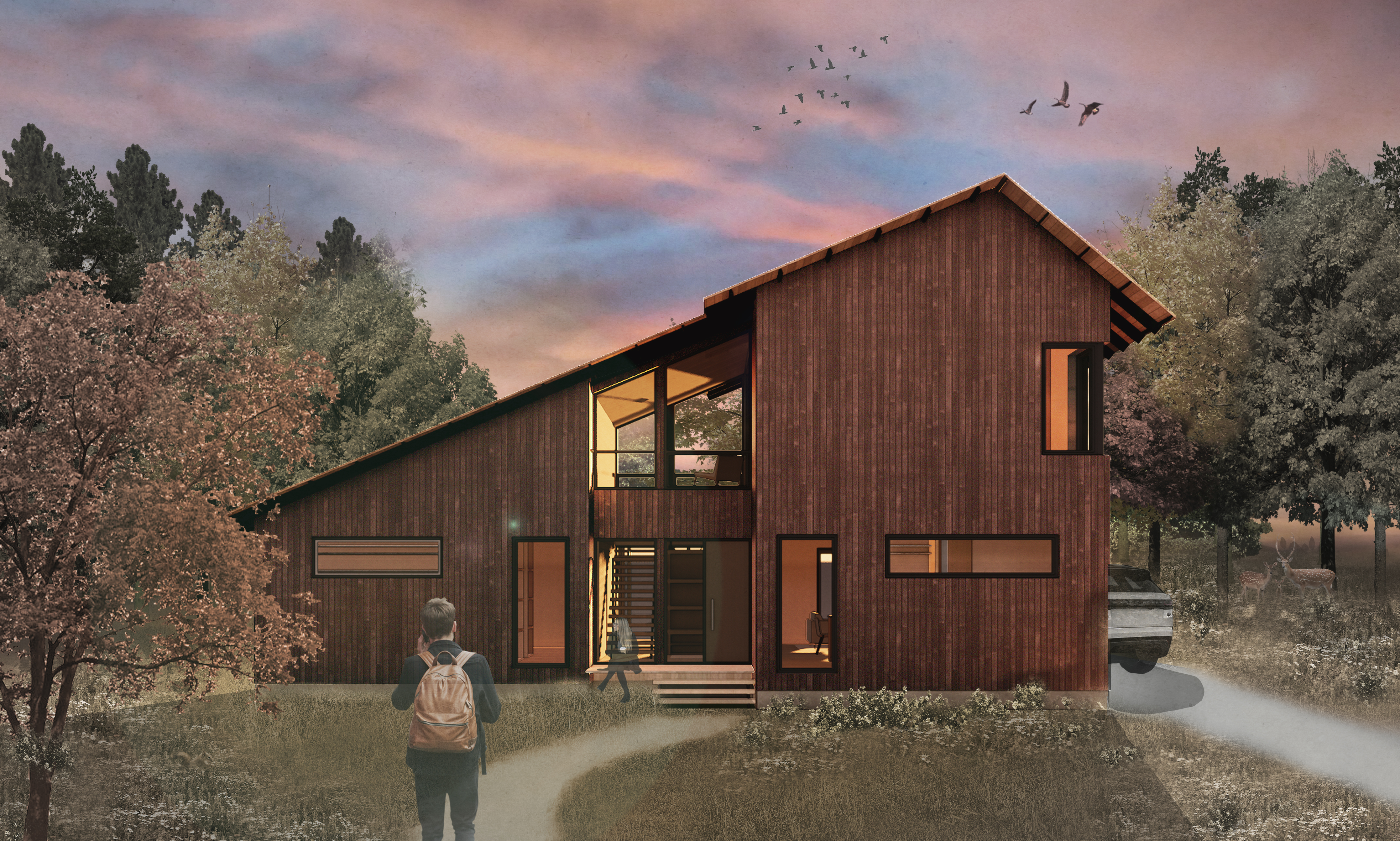 Rendering of timber home with asymmetrical roof.