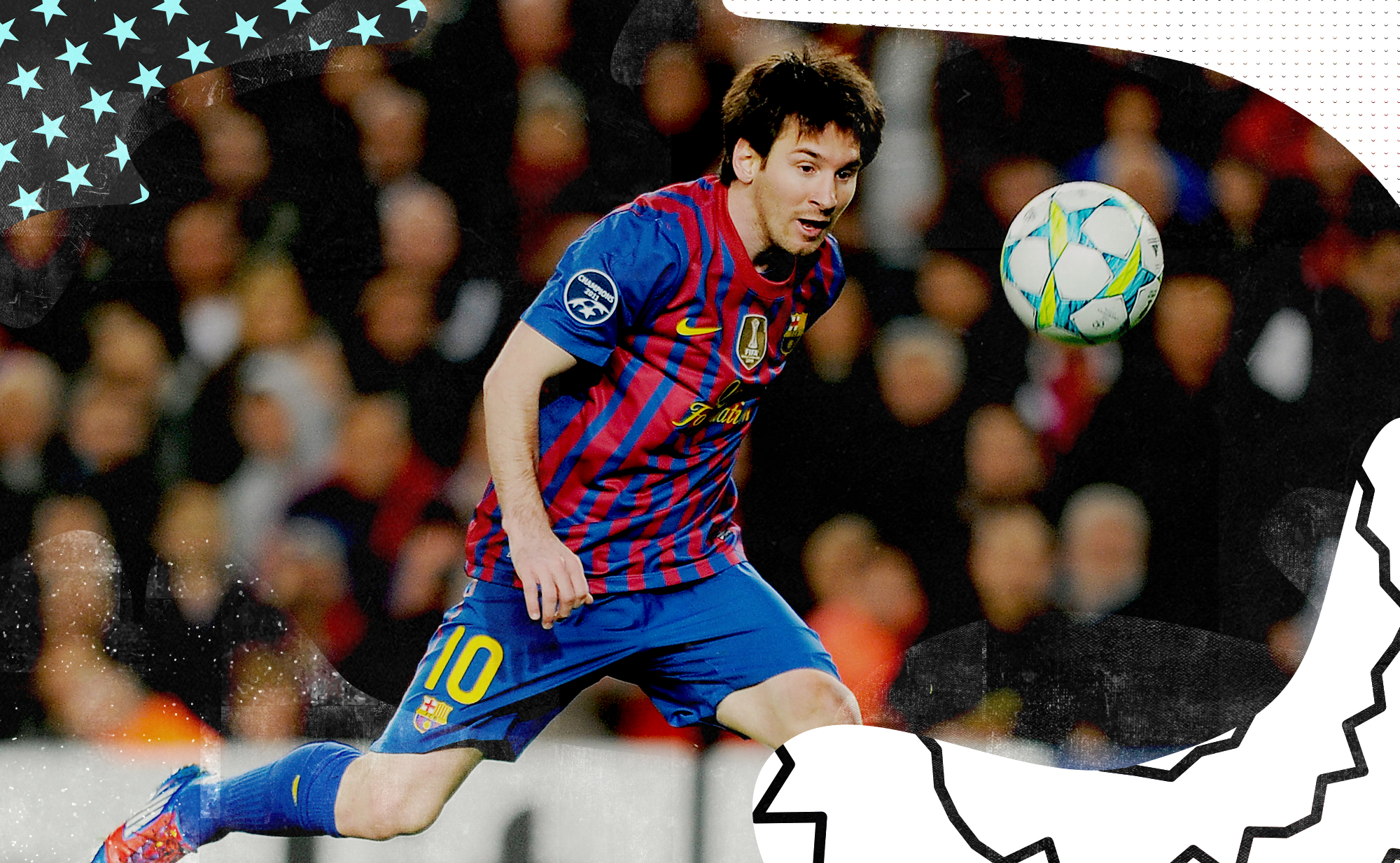 Messi in 2011 chasing a juggling soccer ball against Leverkusen.