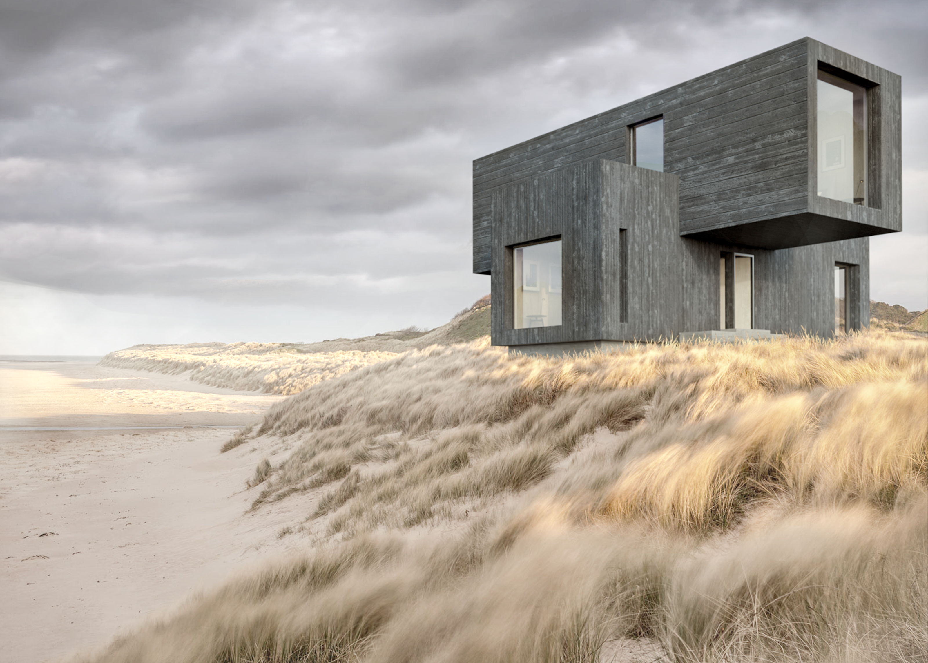 Rendering of modern house on beach.