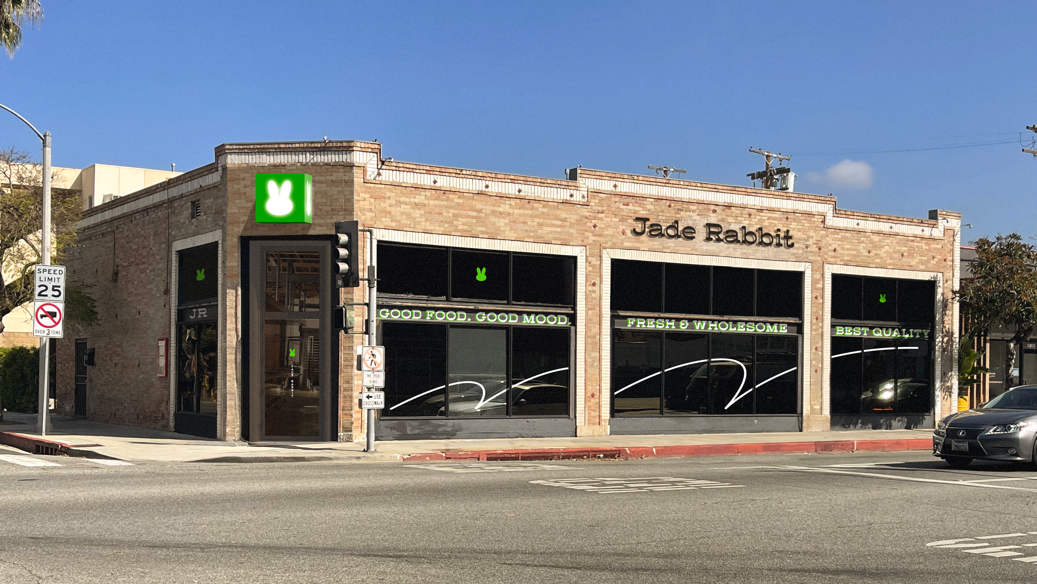 A brick building with a green/white rabbit logo and the words Jade Rabbit in Santa Monica.