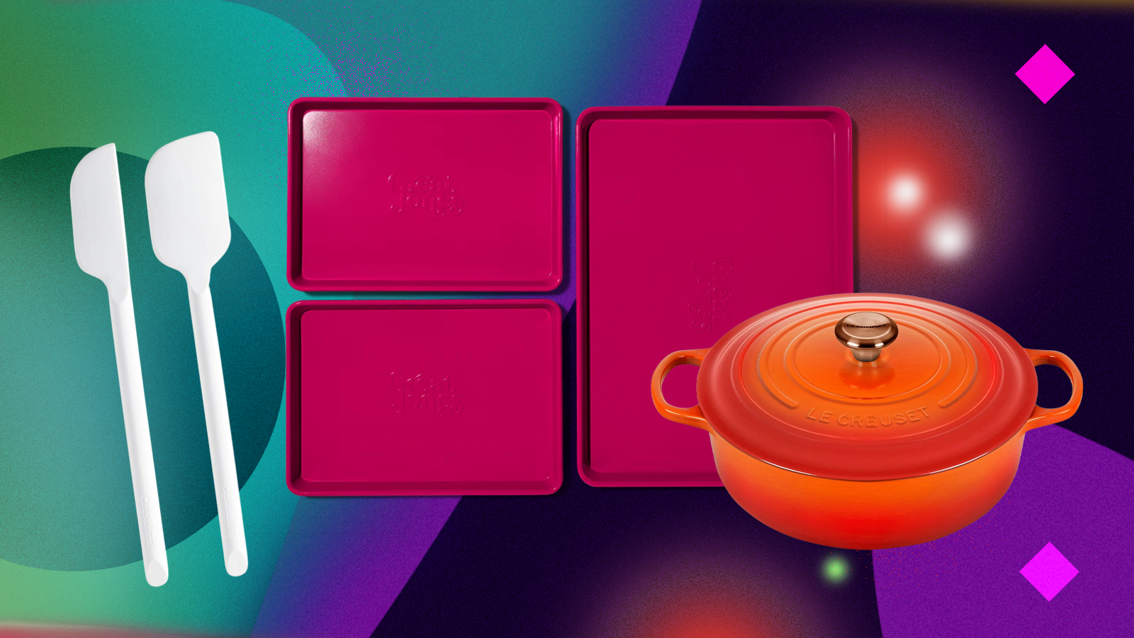 A stock pot, three burgundy baking sheets, and some spatulas sit on a colorful abstract background.