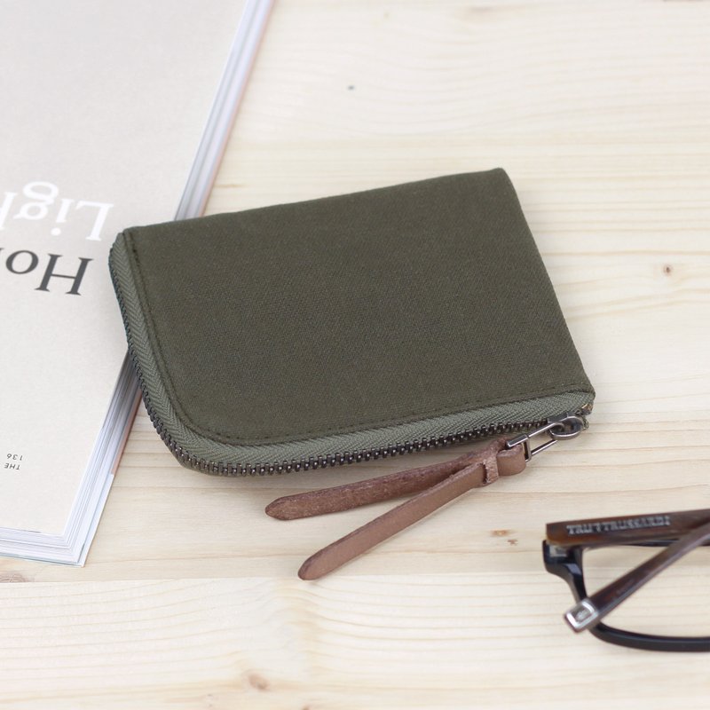 L-shaped short clip/coin purse/Japanese canvas--olive green - กระเป๋าสตางค์ - ผ้าฝ้าย/ผ้าลินิน สีเขียว