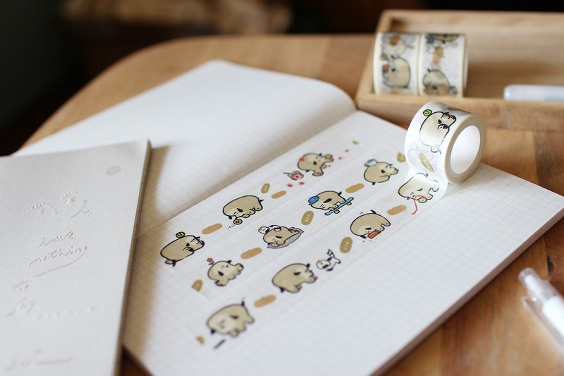 Masking tape with cute illustration of toast puppy - มาสกิ้งเทป - กระดาษ สีกากี