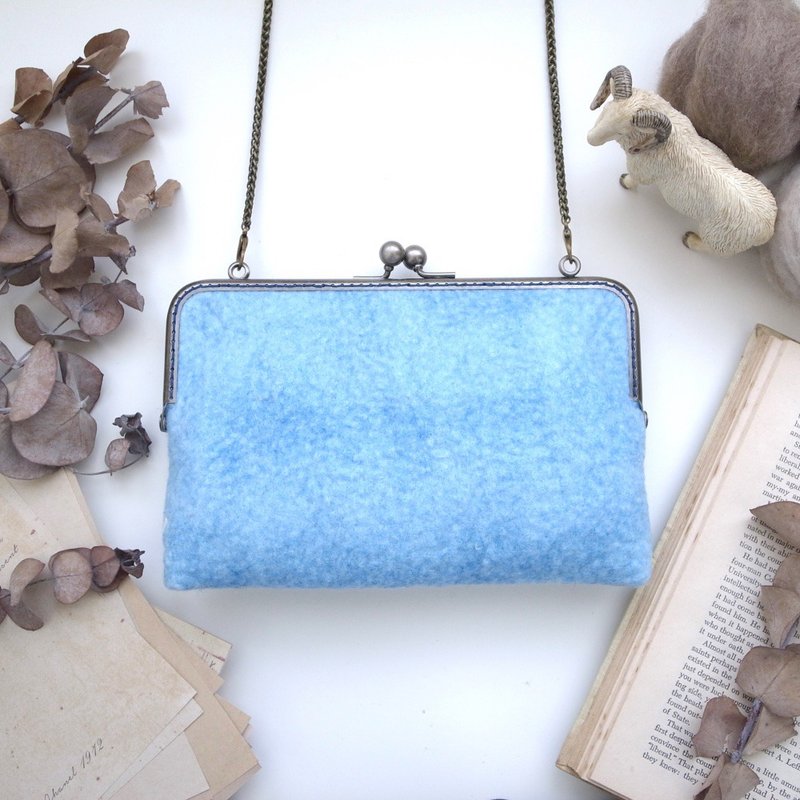 Wool Felt Zip Mouth Gold Bag I 20cm Long I Denim Blue I Mobile Phone Bag. wallet - Messenger Bags & Sling Bags - Wool Blue