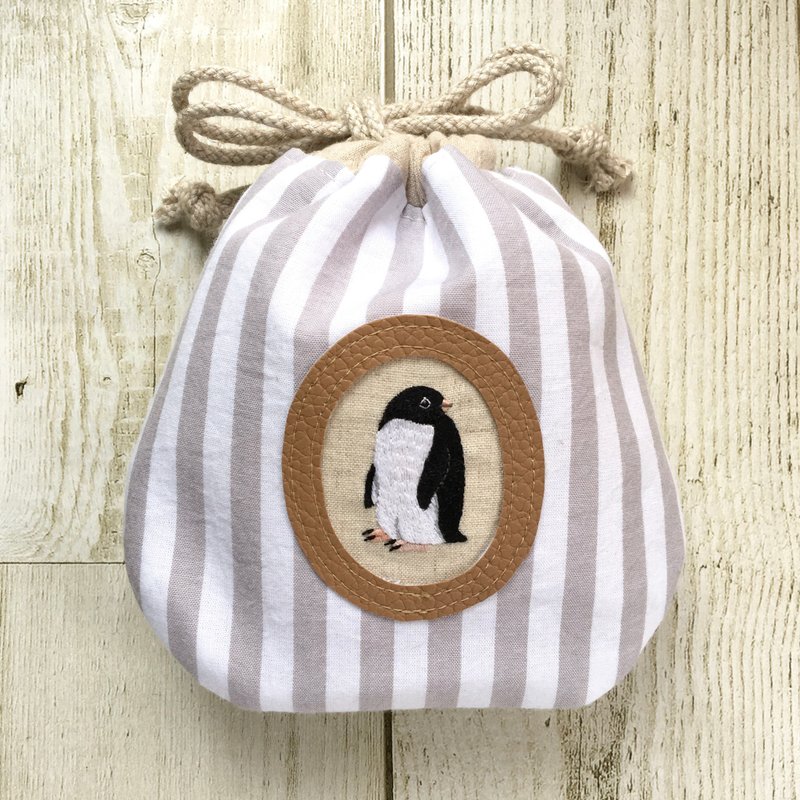 Adelie Penguin Portrait Embroidered Purse - Toiletry Bags & Pouches - Cotton & Hemp Gray