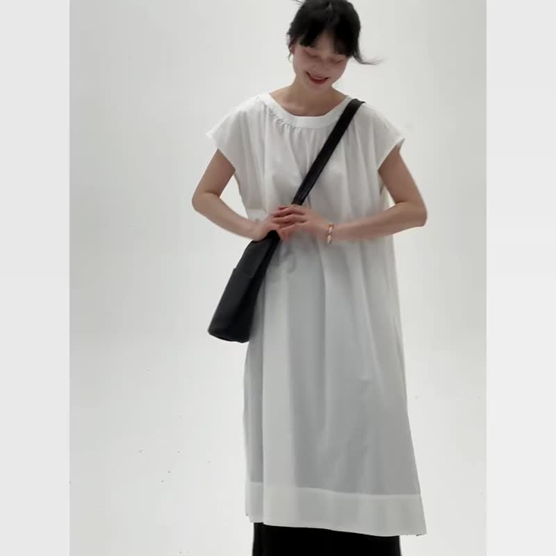 Black/white Japanese style sweet loose dress simple casual round neck dress summer long dress one size - One Piece Dresses - Cotton & Hemp White