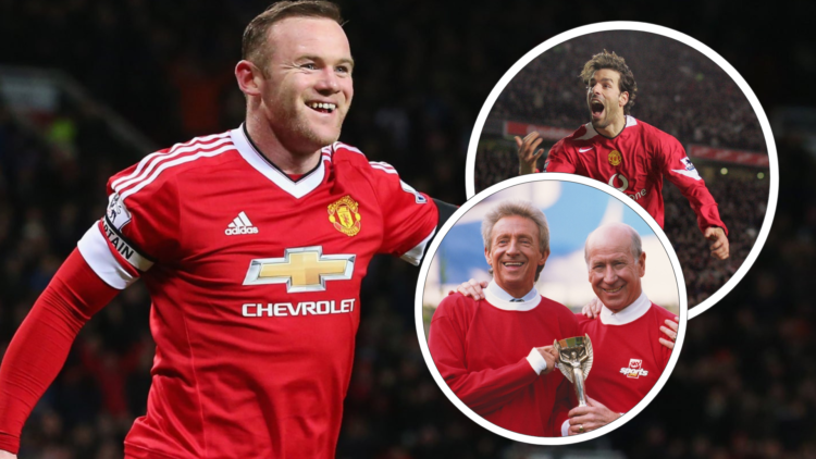 Wayne Rooney celebrats a goal. Inset, Ruud van Nistelrooy celebrates, inset Denis Law and Sir Bobby Charlton pose with trophy