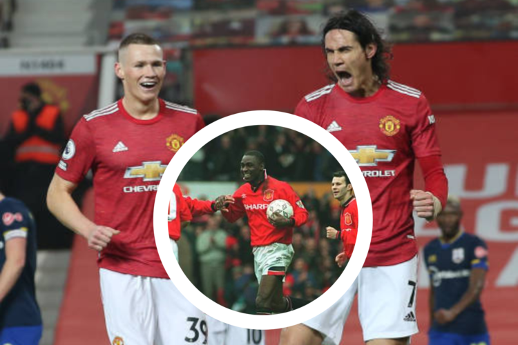 Edinson Cavani and Scott McTominay celebrate as Manchester United beat Southampton 9-0 in 2021. Inset, Andy Cole celebrates as United beat Ipswich ...