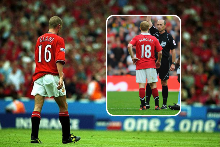 Roy Keane walks off the pitch after being sent off in the 2000 Community Shield. Inset image of Paul Scholes being sent off at Wembley in 2011