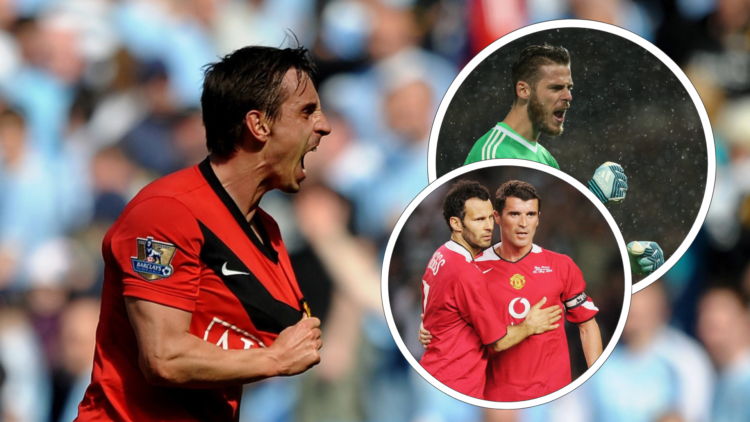 Gary Neville shouts and grabs Man Utd badge. Inset David de Gea pumps fist, Ryan Giggs puts arm around Roy keane