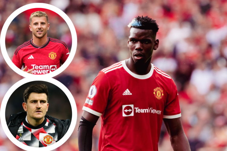 Paul Pogba playing for Manchester United at Old Trafford, inset, Mason Mount, inset, Harry Maguire