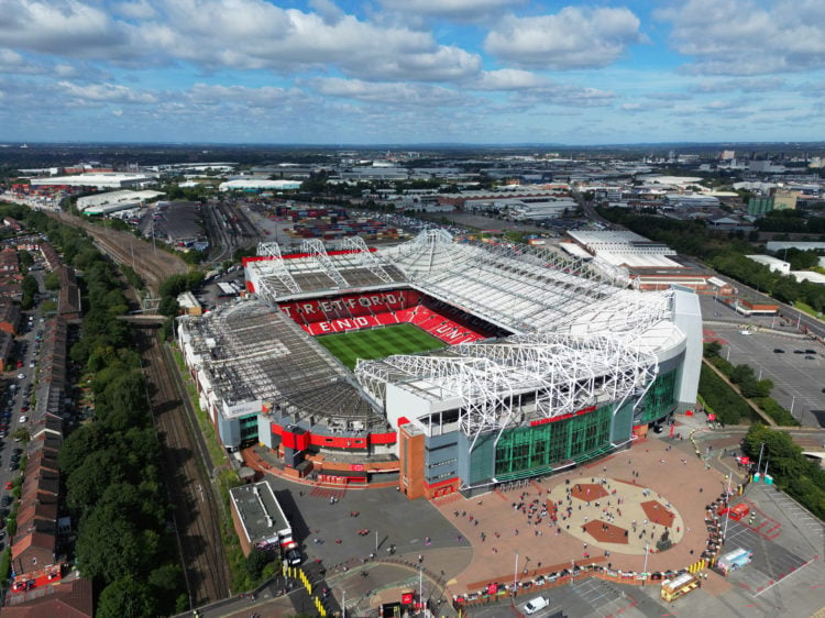 (EDITORS NOTE: This photograph was taken using a drone) General view outside the stadium prior to the Premier League match between Manchester Unite...