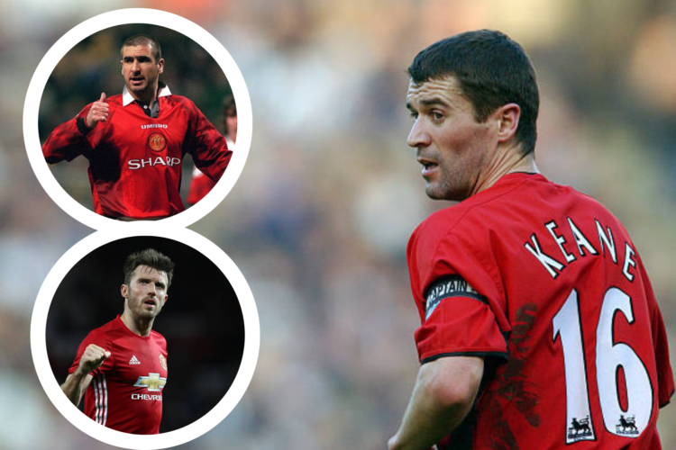 Roy Keane wearing the Manchester United captain's armband in 2003. Inset Eric Cantona for United in 1997 and Michael Carrick in 2015