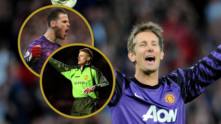 Edwin van der Sar celebrates. Inset, Peer Schmeichel points, David de Gea shouts