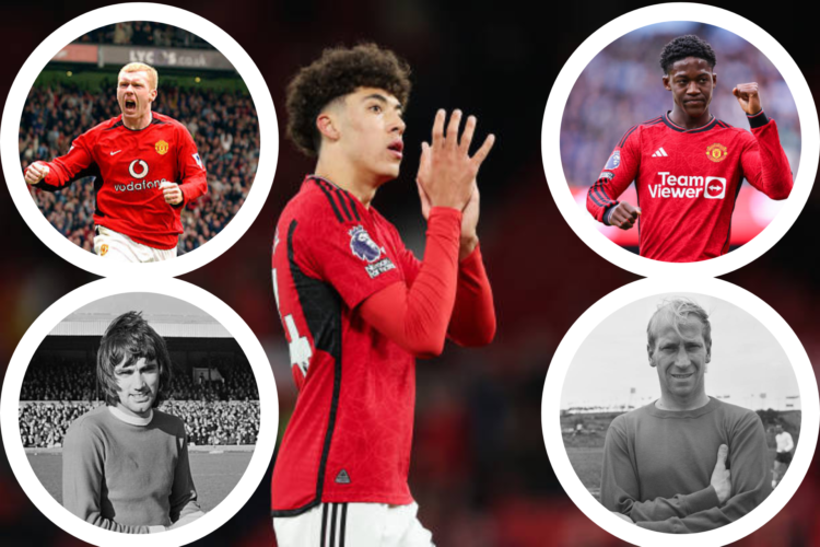 Ethan Wheatley celebrating making his Manchester United debut. Inset four images of United academy graduates, Paul Scholes, Kobbie Mainoo, George B...