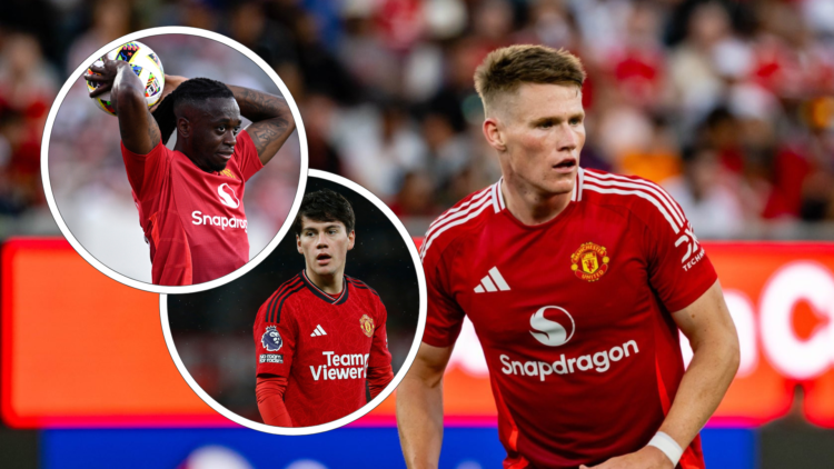 Scott McTominay in action, inset, AAron Wan-Bissaka takes a throw-in, inset, Facundo Pellistri