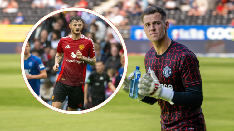 Radek Vitek warms up for Man Utd. Inset, Joe Hugill playing for Man Utd