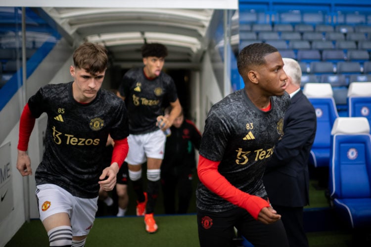 Jack Fletcher and Malachi Sharpe of Manchester United U18 warm up ahead of the U18 Premier League Final match between Chelsea U18 and Manchester Un...