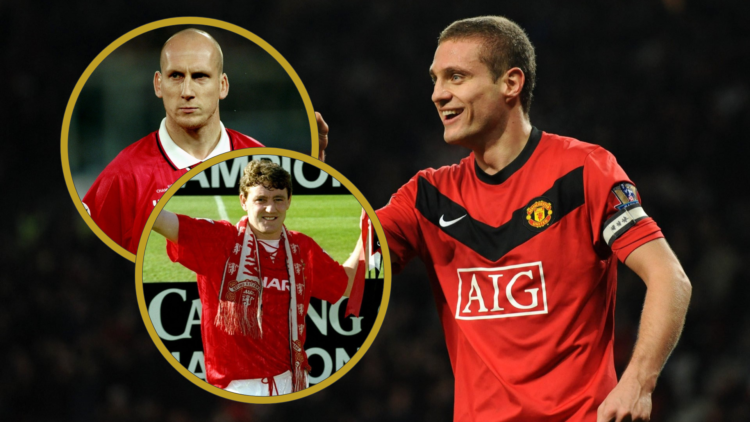 Nemanja Vidic points. Inset, Jaap Stam headshot, Steve Bruce with medal around his neck