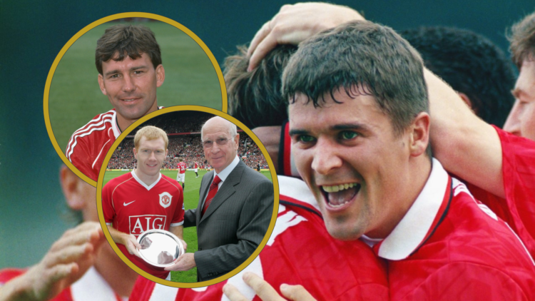 Roy Keane celebrates Inset, Bryan Robson headshot, inset, Bobby Charlton presents Paul Scholes with silver plate