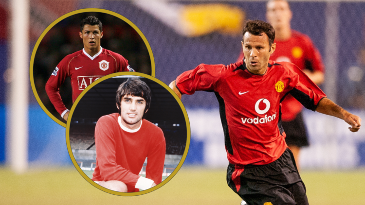 Ryan Giggs running in 2003, inset Cristiano Ronaldo lines up a free-kick, George Best poses in late 1960s