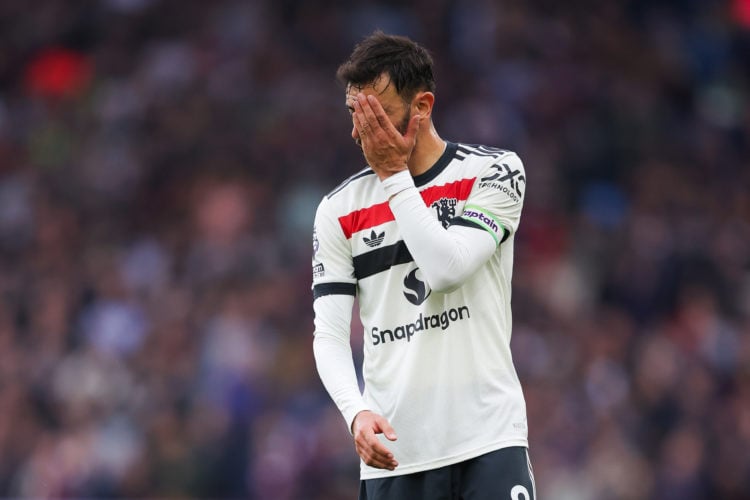 Bruno Fernandes of Manchester United reacts during the Premier League match between Aston Villa FC and Manchester United FC at Villa Park on Octobe...