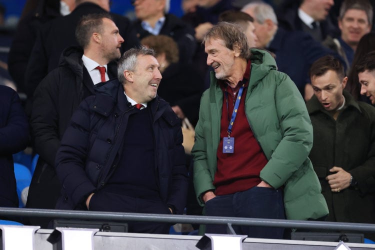 Manchester United minority shareholder Sir Jim Ratcliffe (R) speaks to Technical Director Jason Wilcox during the Premier League match between Manc...