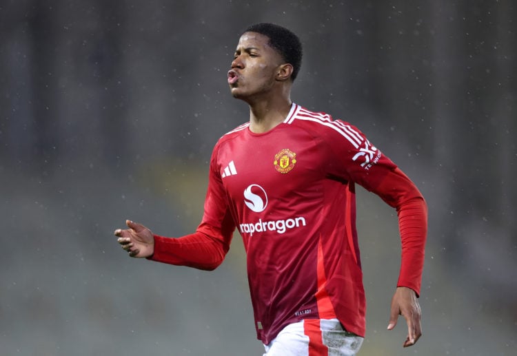 Chido Obi of Manchester United celebrates scoring his team's fourth goal during The FA Youth Cup Third round match between Manchester United and Co...