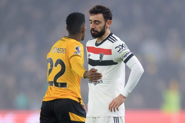 Bruno Fernandes of Manchester United  reacts after being shown a red card during the Premier League match between Wolverhampton Wanderers FC and Ma...