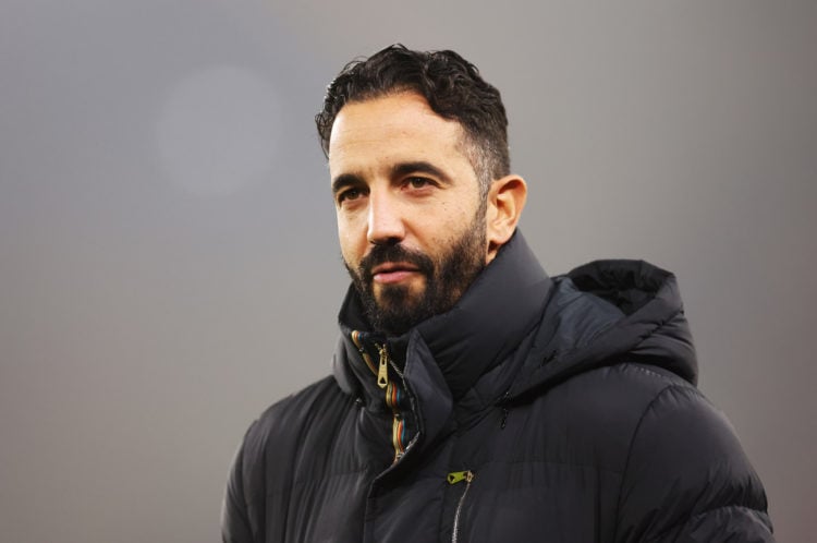 Ruben Amorim, Manager of Manchester United, looks on prior to the Premier League match between Wolverhampton Wanderers FC and Manchester United FC ...