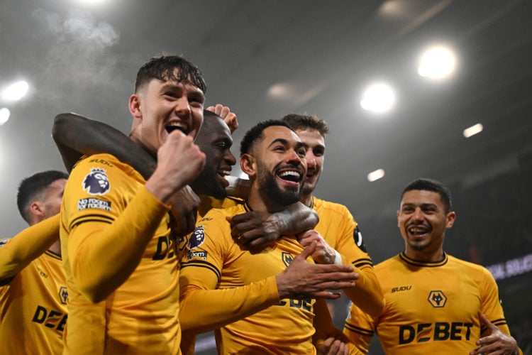 Matheus Cunha of Wolverhampton Wanderers celebrates scoring his team's first goal with teammates during the Premier League match between Wolverhamp...