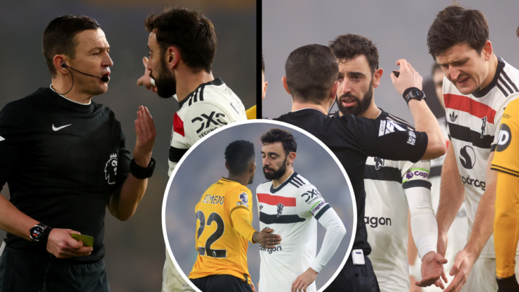 WOLVERHAMPTON, ENGLAND - DECEMBER 26: Referee Tony Harrington speaks with Bruno Fernandes of Manchester Utd after showing him a yellow card during ...