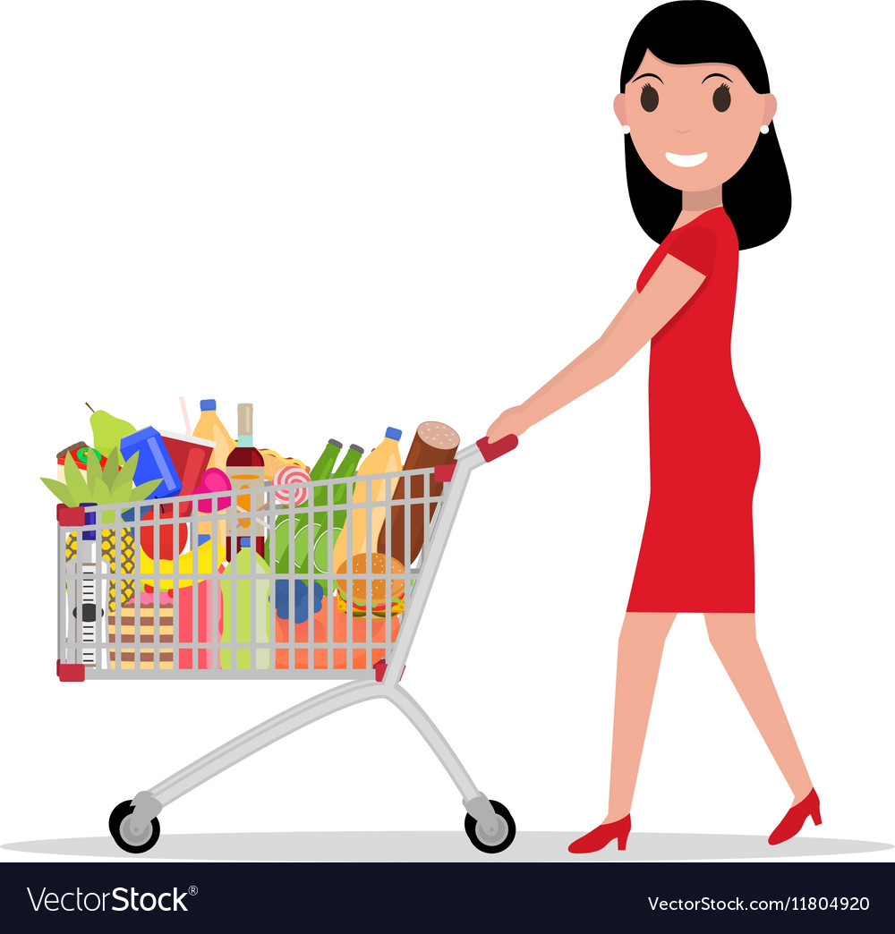 Woman with shopping trolley full groceries