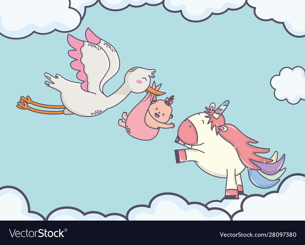 Baby shower stork with little girl cute unicorn