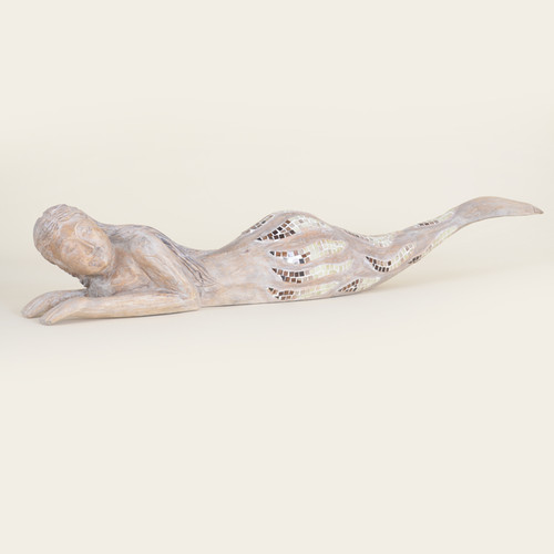 Wooden Sunbathing Mermaid With Mosaic Tail