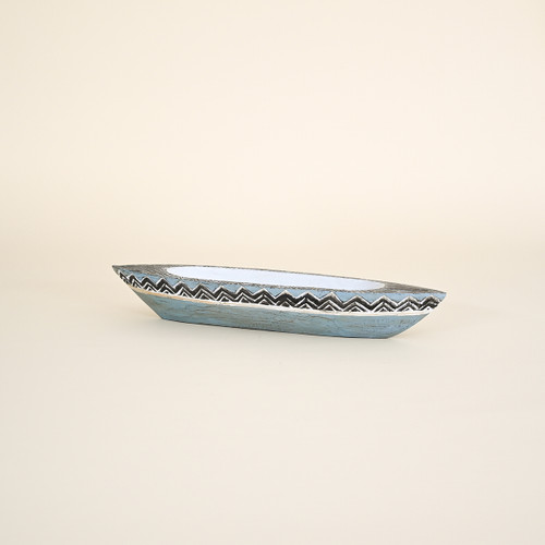 Boat Dish, Blue and White, Carved Wood