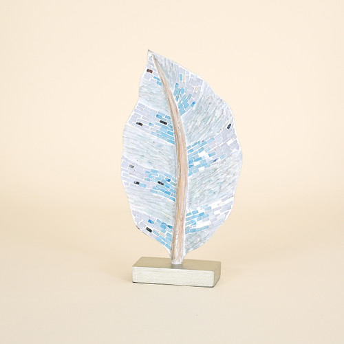 Wood Leaf on Grey Stand with Mosaics, Teal and White