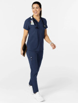 Full body view of the women's Wink W123 scrub top #6045 in navy.